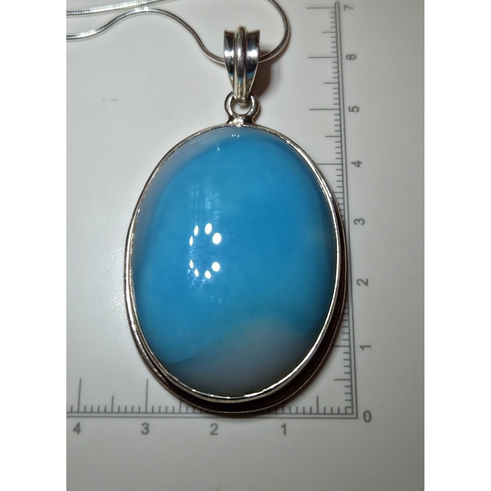 Large Larimar CabochonSterling Silver Pendant Sterling Snake Braid 18" Chain - Picture 4 of 7